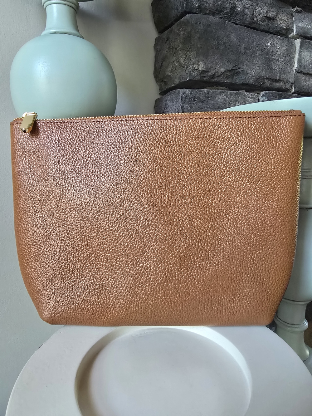 LOFT Cognac Brown Pebbled Leather Zip Top Pouch Clutch Cosmetic Travel Bag
